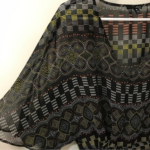 Aqua abstract print black sheet peplum kimono sleeve top size Medium - Picture 3 of 9